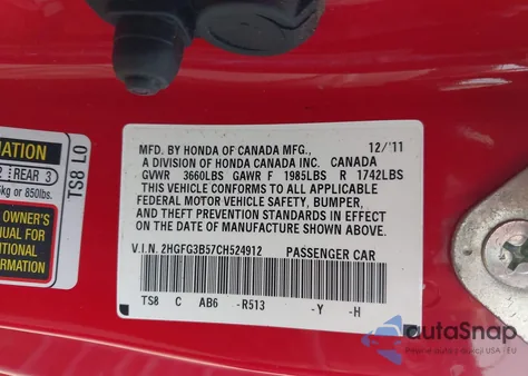 2012 Honda Civic Lx z USA, uszkodzony, nr VIN 2HGFG3B57CH524912